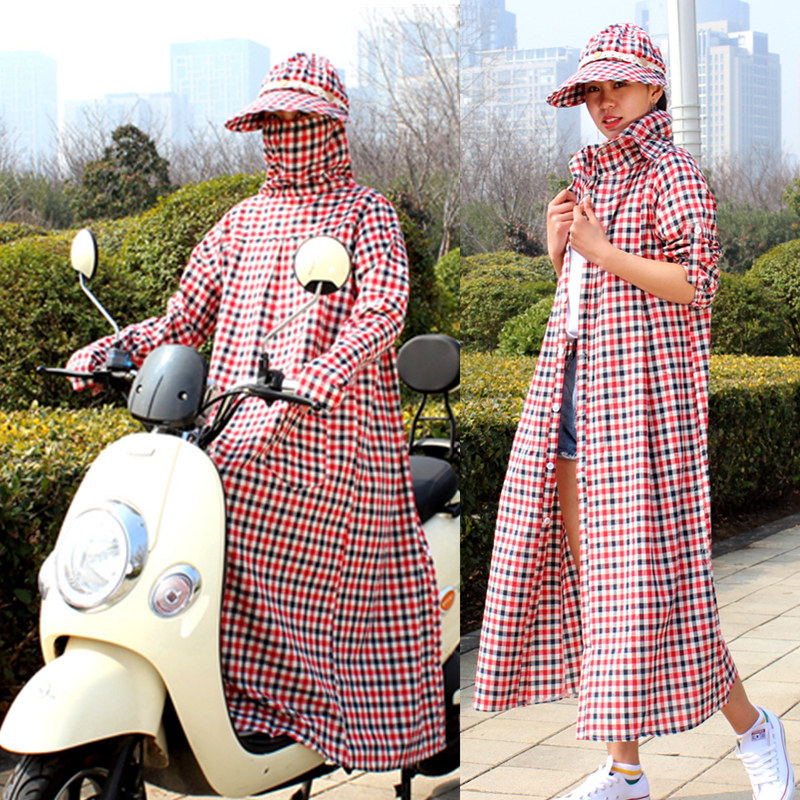 骑车防晒衣服女夏季纯棉加长款防走光手套电动摩托车全身带帽套装