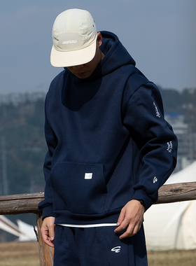 ACTIONS基础刺绣加绒连帽卫衣美式复古短宽简约加厚保暖纯色帽衫