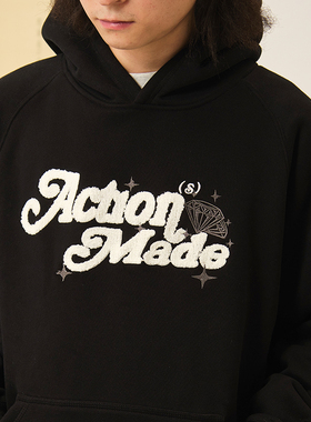 ACTIONS 秋冬季新款毛巾绣插肩宽松套头加绒美式情侣连帽卫衣男潮