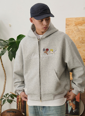 ACTIONS 天使刺绣重磅拉链连帽卫衣开衫500GBoxy短宽廓形美式帽衫