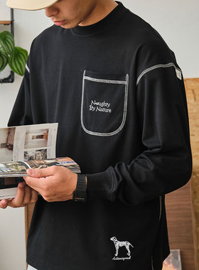 ACTIONS小狗刺绣撞色哈苏线口袋长袖T恤速干排汗抗菌防螨宽松上衣