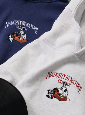 ACTIONS美式小狗黑胶唱片刺绣加绒连帽卫衣短宽版型加厚保暖帽衫