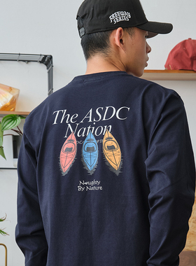 ACTIONS户外浆板印花打底衫长袖T恤纯棉百搭通勤宽松圆领上衣春秋