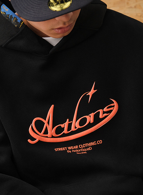 ACTIONS 美式发泡印重磅BOXY短款宽松连帽卫衣基础情侣套头帽衫潮