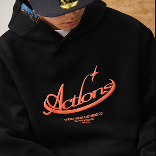 宽松连帽卫衣基础情侣套头帽衫 发泡印重磅BOXY短款 潮 美式 ACTIONS