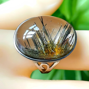 天然水晶戒指发晶戒指巴西黑发晶戒指净体发粗手工银包生日礼物女