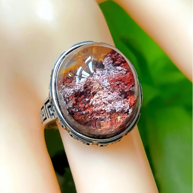 天然水晶戒指绿幽灵戒指巴西红幽灵彩幽灵戒指戒面开口银包礼物女