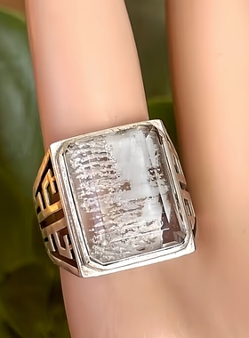 天然水晶戒指巴西绿幽灵戒指白幽灵戒指千层山方形银包镂空复古男