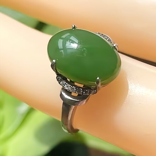天然碧玉戒指绿碧玉戒指油润碧玉戒指水钻设计款手工银包生日礼物