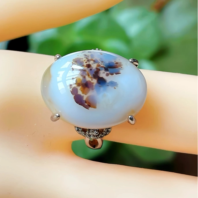 天然玛瑙玉髓戒指玉髓草花戒指戒面手工银包镶嵌水钻女款生日礼物