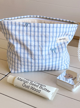 2026新格子蝴蝶结化妆包女便携旅行大容量内衣裤卫生姨妈巾收纳包