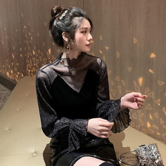 Autumn 2020 new velvet top with long sleeve stitching T-shirt for women