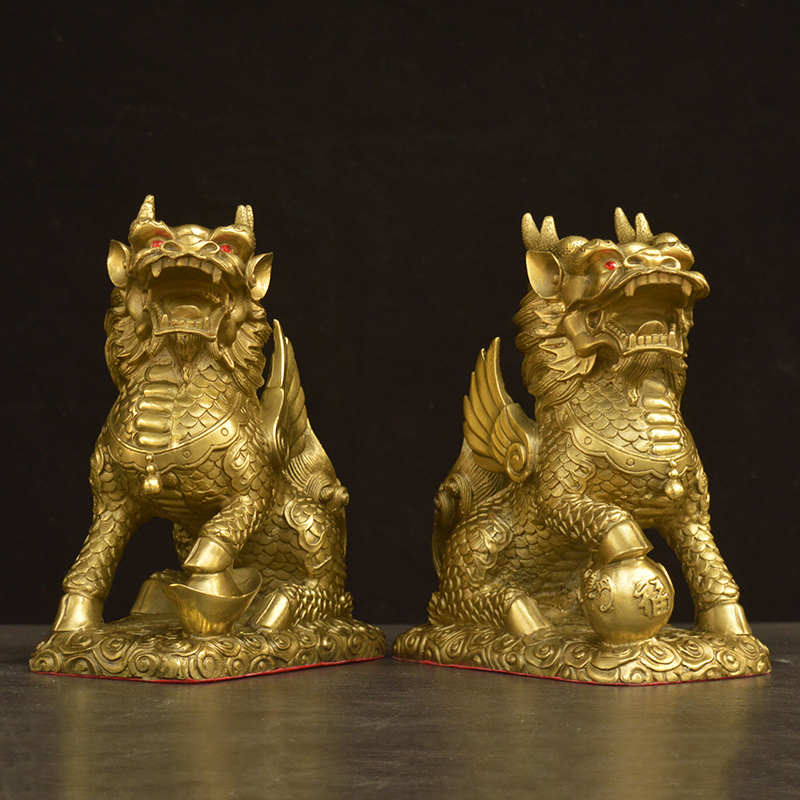 铜麒麟摆件一对黄铜麒麟招财纳福家居客厅店铺办公室装饰品