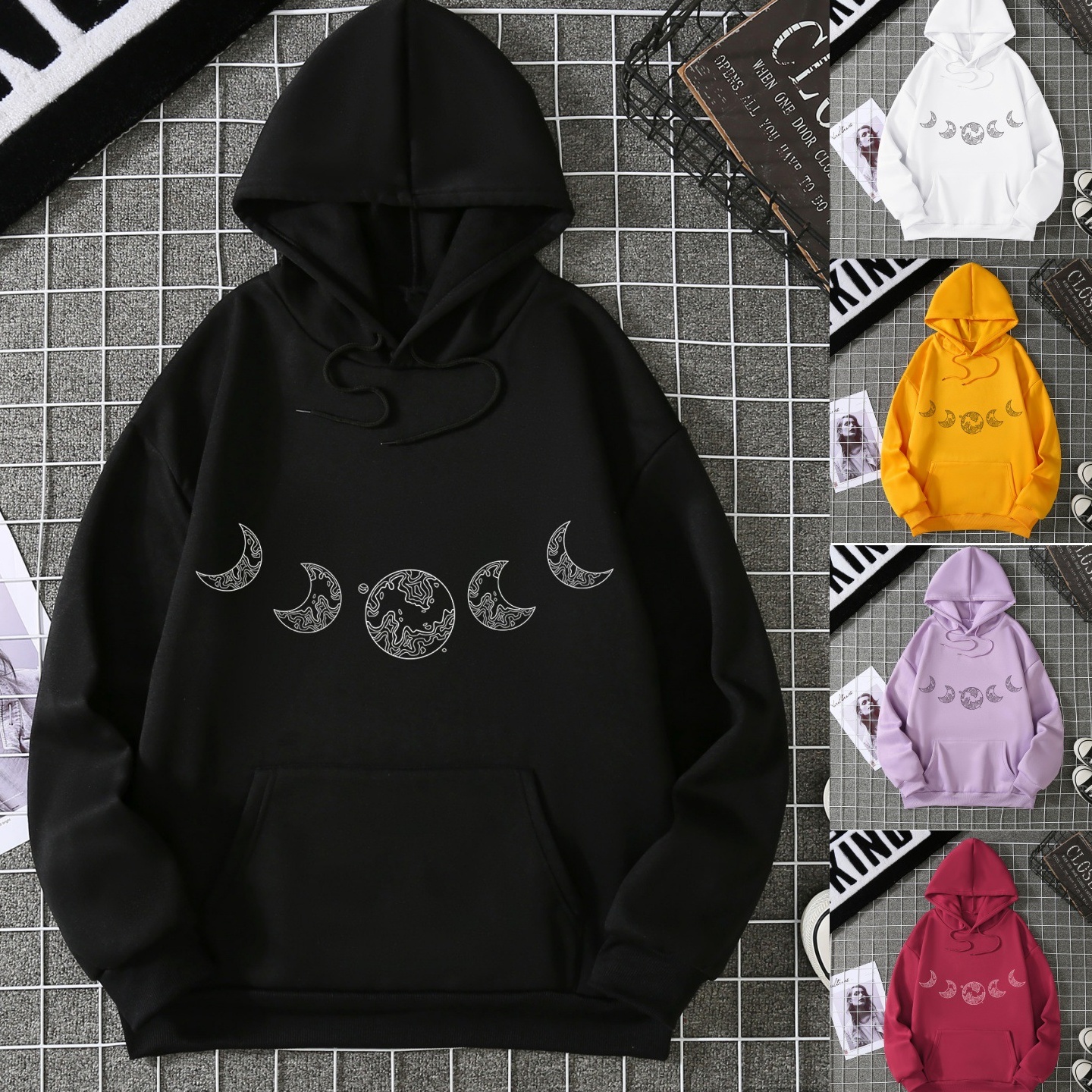 明鑫供应链实拍亚马逊热款休闲百搭宽松连帽月亮卫衣加绒外套女装