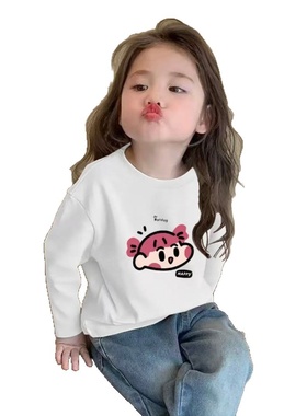 100%纯棉女童春秋装长袖女宝宝甜美可爱休闲百搭打底上衣中大童T