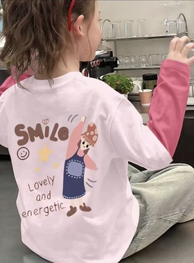 儿童新款撞色拼接宝宝内搭长袖T恤卡通中大童春秋纯棉打底上衣潮