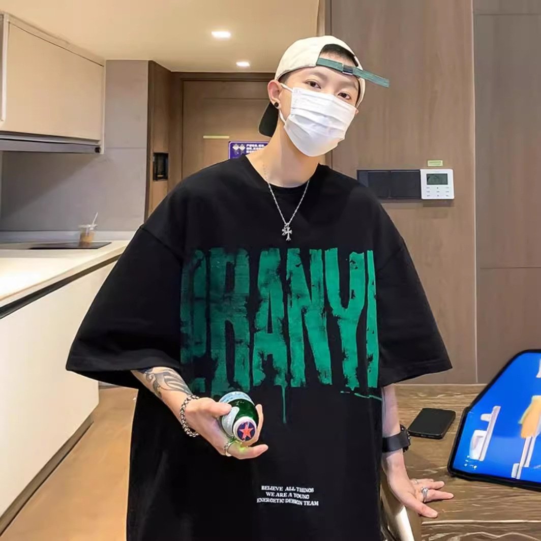 100%纯棉美式复古涂鸦字母短袖t恤男夏季宽松显瘦大码2-300斤体恤