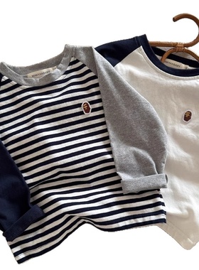 儿童T恤2025秋季童装男童日系潮牌长袖T宝宝小童条纹大童打底衫潮