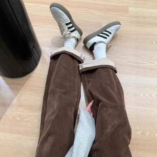 胖mm加绒加厚直筒休闲裤 咖色灯芯绒阔腿裤 大码 秋冬季 子女2025新款