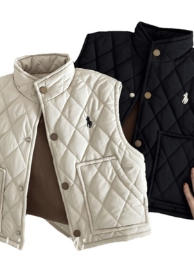 帅气儿童马甲2025秋冬新款男女童刺绣潮牌休闲菱格加绒棉背心外套