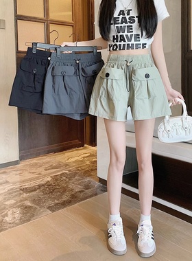 高腰显瘦辣妹灰色休闲短裤女夏季2025新款工装阔腿双口袋抽绳裤子