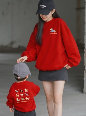 秋冬加绒加厚红色拜年亲子装卫衣一家三口四口母女全家装