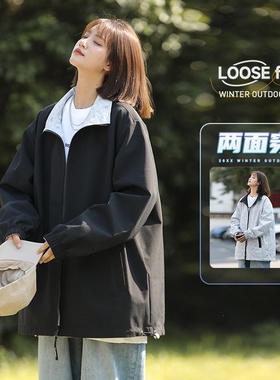 WASSUP黑色两面穿夹克外套男女新款春秋季开衫卫衣大码胖mm棒球潮