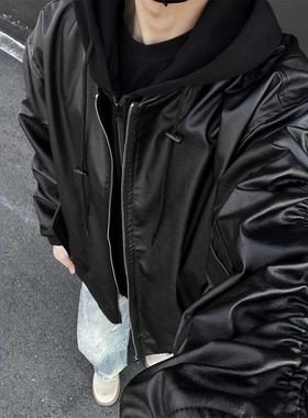 黑色假两件皮衣外套男款美式短款廓形飞行夹克cleanfit连帽棒球服