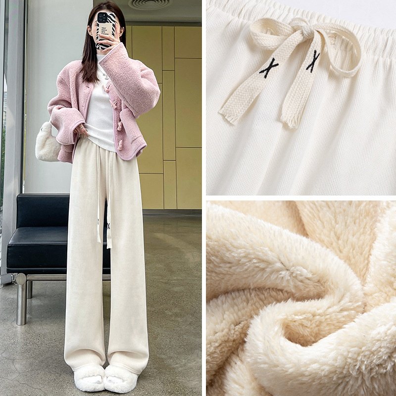 白色阔腿裤女秋冬加绒2025新款宽松小个子休闲窄版直筒灯芯绒裤子