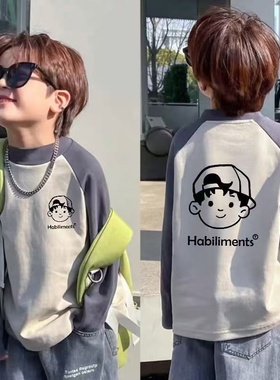 德绒保暖长袖T恤男童韩版印花时尚秋冬新款儿童插肩撞色打底衫潮t