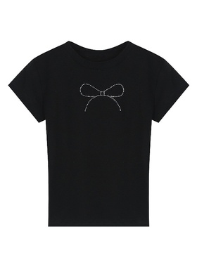 2025夏季美式辣妹短袖T恤女士露脐黑色蝴蝶结烫钻修身短款上衣潮