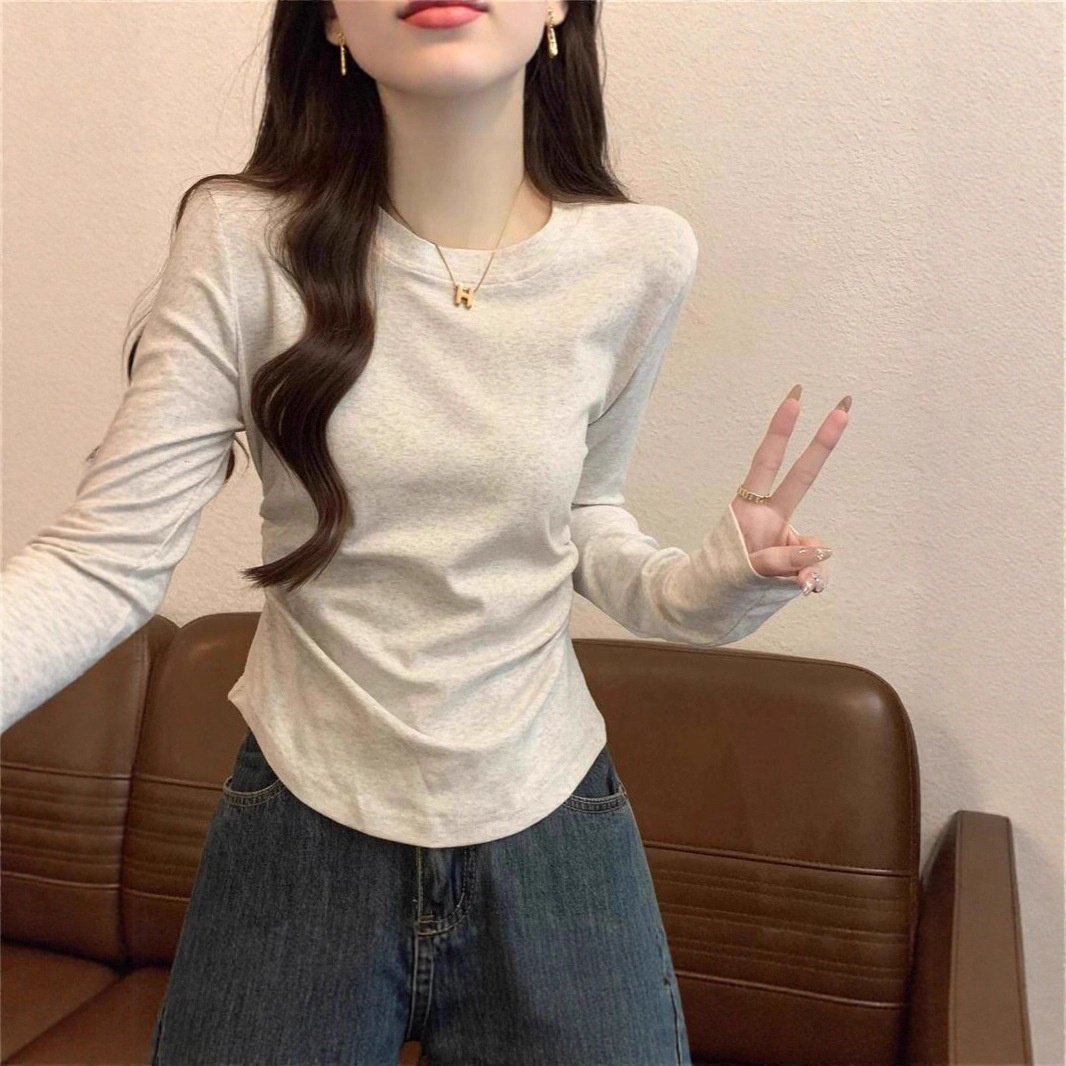 2025秋季复古正肩长袖T恤女早秋新款设计感ins显瘦圆领打底衫内搭