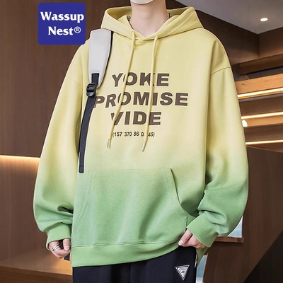 WASSUP美式重磅加绒卫衣男士秋冬浅变新潮牌半高领纯色连帽衫上衣