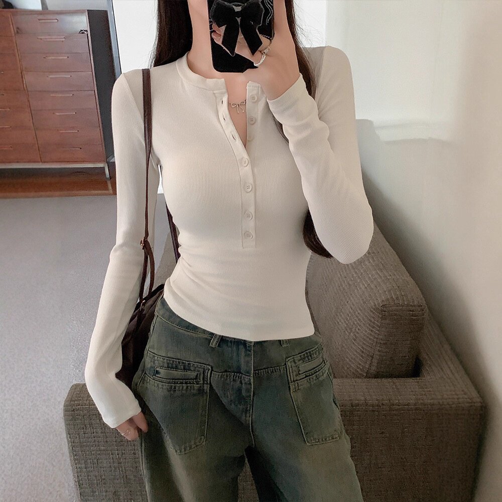 美式辣妹半开圆领纽扣长袖T恤春秋打底衫紧身显瘦内搭打底衫上衣