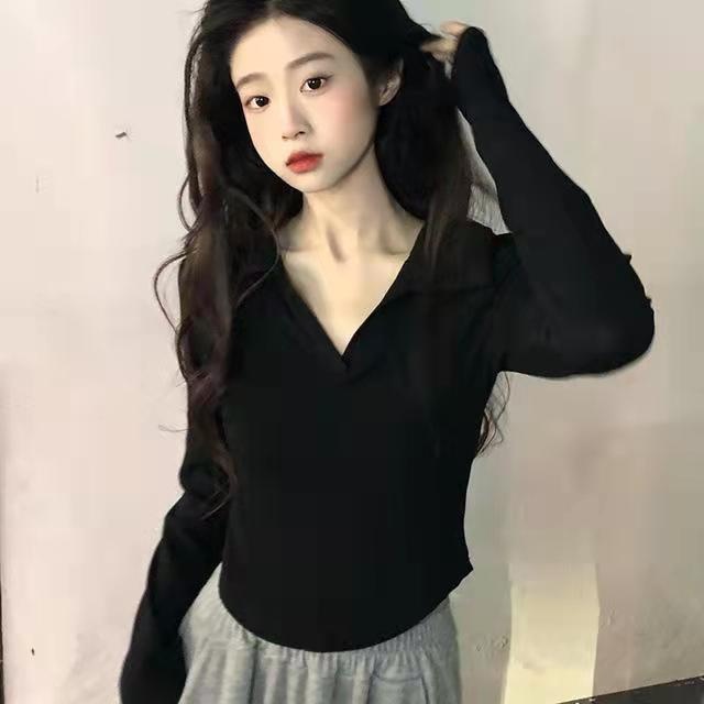 纯欲风白色Polo领德绒打底衫长袖T恤女辣妹性感修身v领秋冬上衣服