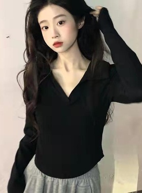 纯欲风白色Polo领德绒打底衫长袖T恤女辣妹性感修身v领秋冬上衣服