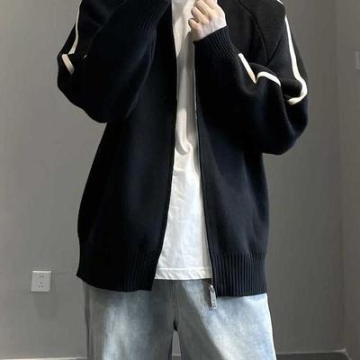 针织开衫男潮流秋季立领休闲宽松百搭休闲毛衣2025春季针织衫条纹