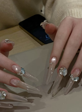 ElsaNail手工穿戴甲高级感玻璃珠猫眼蓝钻美甲贴片可拆卸假指甲片