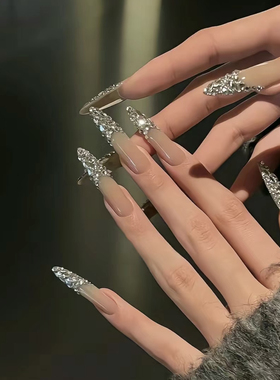 ElsaNail重工爆闪裸色满钻美甲穿戴甲片华子碎钻高定法式指尖闪钻