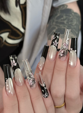 ElsaNail手工穿戴甲黑色性感蕾丝小百合猫眼长款美甲成品假指甲贴