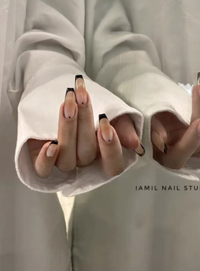 渐变黑色法式穿戴美甲成品长款高级感芭蕾甲新娘可拆卸假指甲显白