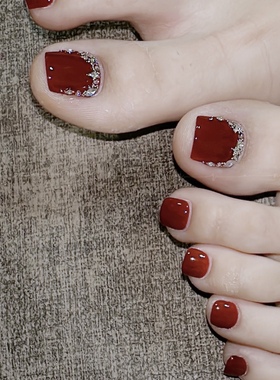 ElsaNail红色脚趾甲成品手工穿戴甲美甲贴片可拆卸假指甲美甲贴片