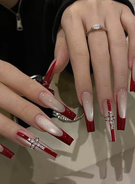 ElsaNail红色法式十字架爆闪猫眼钻手工定制穿戴甲片美甲片可拆卸