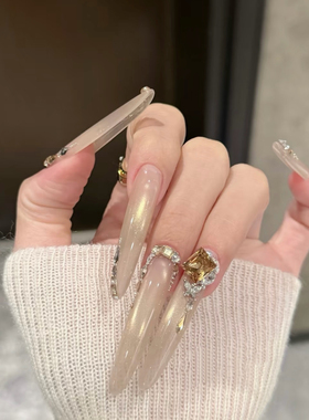 ElsaNail手工穿戴甲氛围感爆闪香槟招财猫眼温柔纯欲气质温柔千金