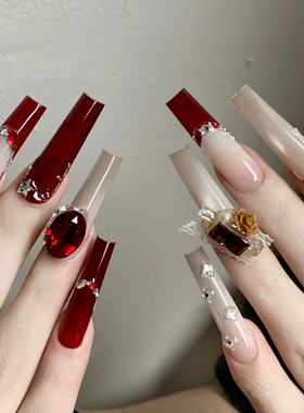 ElsaNail手工穿戴甲片红色法式美甲贴片显白假美甲长款气质可拆卸