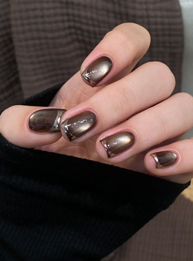 ElsaNail手工穿戴甲高级感美拉德棕猫眼美甲贴片可拆卸假短指甲片