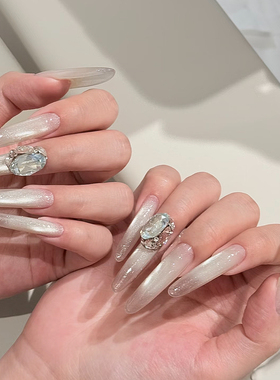 Elsanail施华洛钻手工穿戴甲贵气感白月光爆闪猫眼显手细美甲贴片