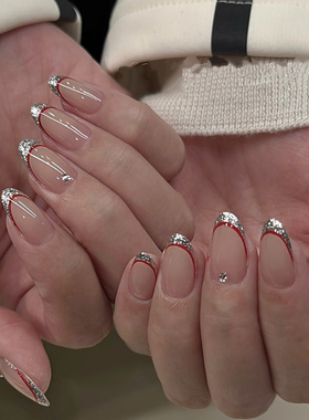 ElsaNail圣诞法式红色新年美甲银色法式手工穿戴甲片可拆卸假指甲