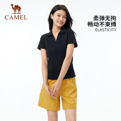 骆驼女装V领短袖polo衫女修身型