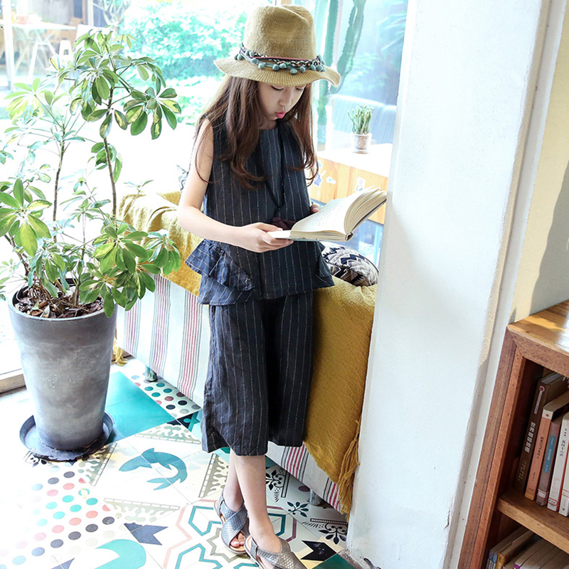 休闲风中大童条纹棉麻宽松夏装